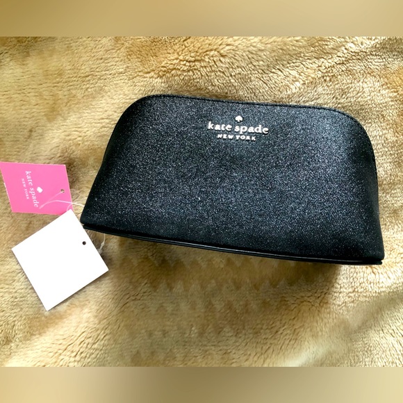 New NWT Kate Spade black metal gold logo glitter zip cosmetic makeup case pouch - Picture 1 of 6